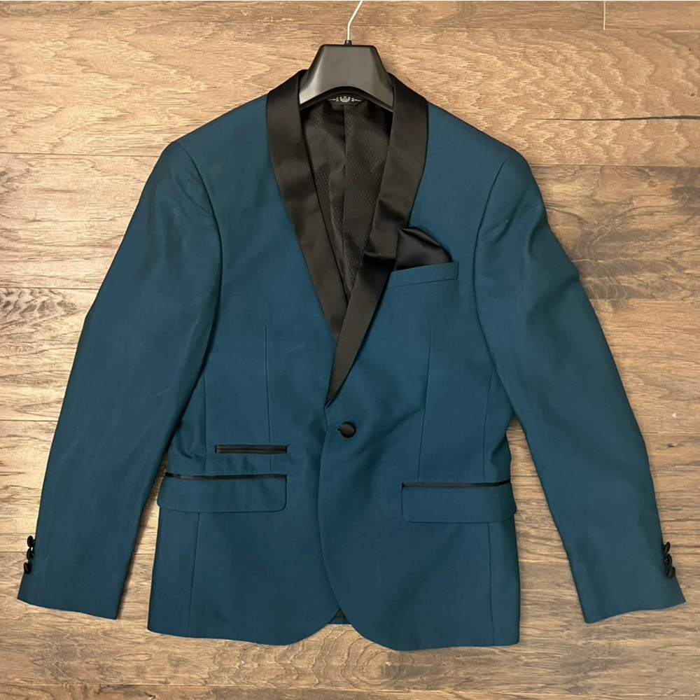 Slim Teal Tuxedo Jacket with Black Accents (Black handkerchief included!)